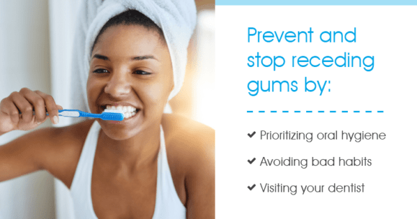 Woman brushing her teeth to prevent what causes receding gums